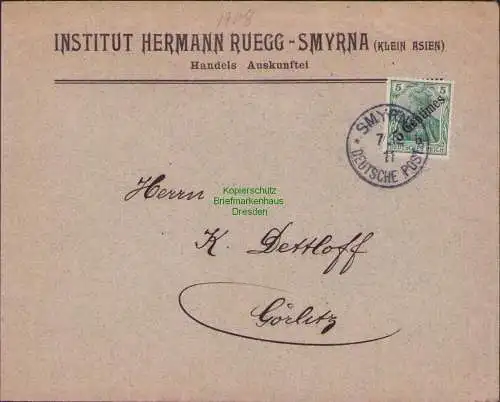 B16958 Deutsche Post in der Türkei Brief Smyrna 1911 Klein Asien Handels Auskunf