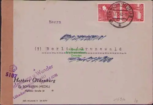 B16920 R-Brief SBZ Bezirk 37 Schwerin Zehnfachfrankatur britische Zensur 5107 n.