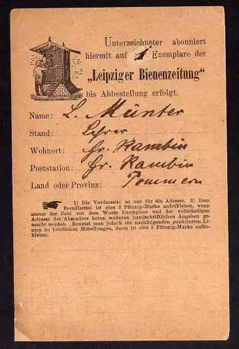 86240 AK Leipzig Reudnitz 1894 Leipziger Bienenzeitung Bestell Zettel Drucksache