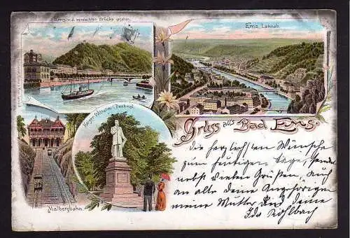 82226 AK Bad Ems Litho 1896 Malbergbahn Lahnab Denkmal ...