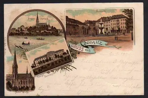 82069 AK Chemnitz 1899 Litho Gymnasium Neumarkt Petri Kirche Schloss