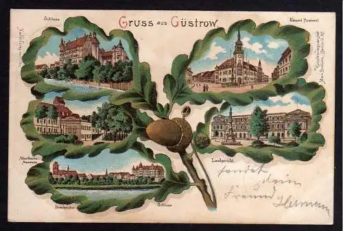 81559 Ansichtskarte Eichenblatt Litho Güstrow Landgericht Schloss Museum Schloss Postamt