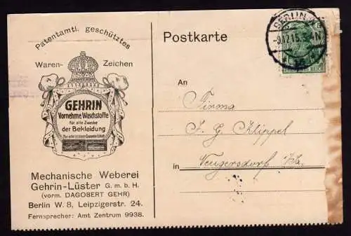 36729 Postkarte Gehrin Berlin Mechan. Weberei Waren 1915