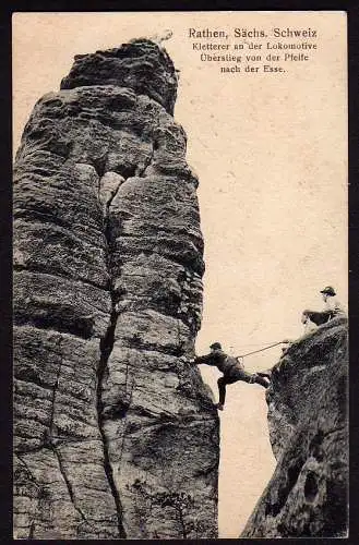 36685 Ansichtskarte Rathen Sächs. Schweiz Kletterer an der Lokomotive 1919