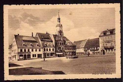 36986 AK Pulsnitz Markt mit Kirche Hotel Schützenhaus 1944