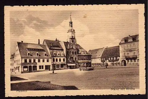 36986 Ansichtskarte Pulsnitz Markt mit Kirche Hotel Schützenhaus 1944
