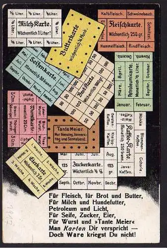 36952 Ansichtskarte Bedürfnis Karte 1. Weltkrieg Lebensmittelkarten Fleich Milch Eier Seife