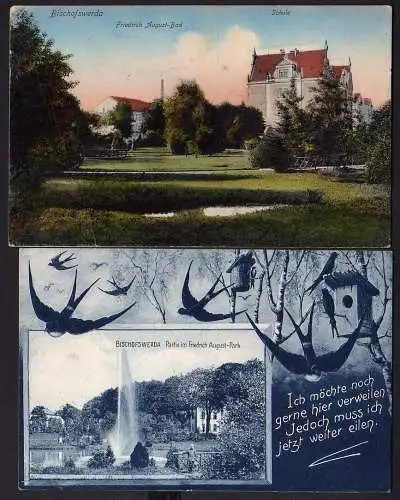 36981 2 Ansichtskarte Bischofswerda Friedrich August Bad Schule 1915 Schwalben 1914