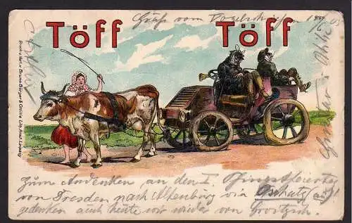 36088 AK Litho Automobil Töff Töff von Kuh gezogen 1905