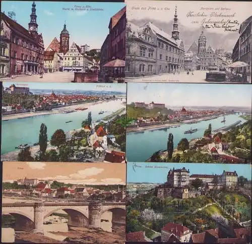 152737 6 AK Pirna E. 1901 Markt Rathaus Schloß Sonnenstein Elbbrücke Stadtkirche