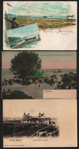 150223 3 Ansichtskarte Litho Seebad Ahlbeck 1900 Strand Fischer Droschken Halteplatz Brücke