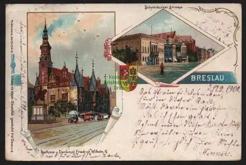 150175 AK Breslau Litho 1900 Rathaus Denkmal Schweidnitzer Strasse