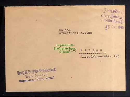 B3415 Brief Ostsachsen gebühr bezahlt 1945 Notstempel Jonsdorf über Zittau 1
