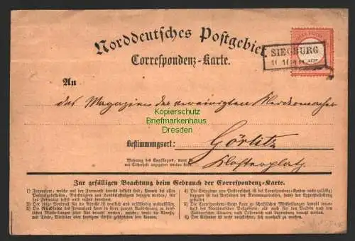 B8630 DR 14 kleines Brustschild Correspondenz Karte Siegburg 1872 nach Görlitz