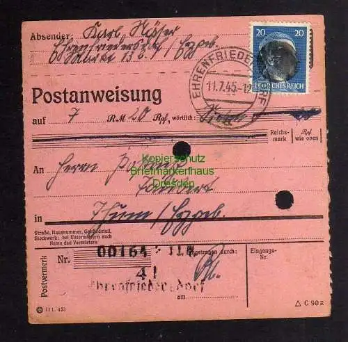 B2984 Sächsische Schwärzung 1945 Postanweisung 41 Ehrenfriedersdorf 11.7. Thum