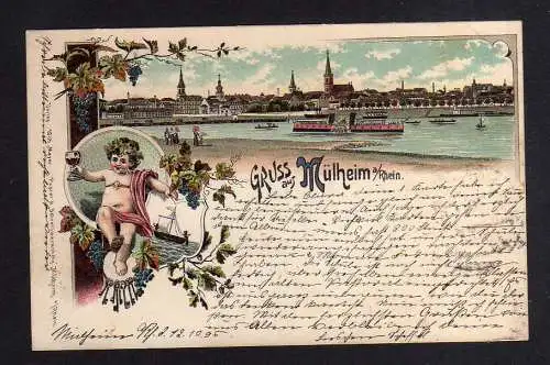 112266 Ansichtskarte Mülheim am Rhein Litho 1896 Panorama Kind Wein Weintrauben