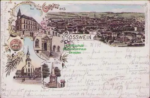 171541 AK Rosswein Litho 1898 Post Kirche Klosterkeller Siegesdenkmal