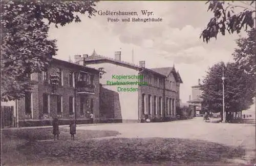 171350 AK Goßlershausen, Wpr. Feldpost 1915 Post- und Bahngebäude