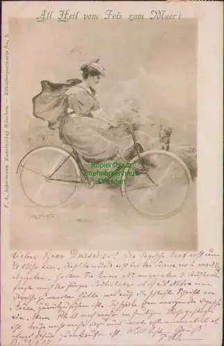 171323 AK Fahrrad Künstlerpostkarte No. 5 All Heil vom Fels zum Meer Berlin 1897