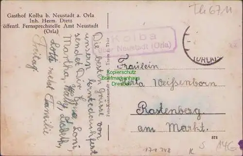 171148 AK Gasthof Kolba b. Neustadt a. Orla Inh. Dietz um 1925 Landpoststempel