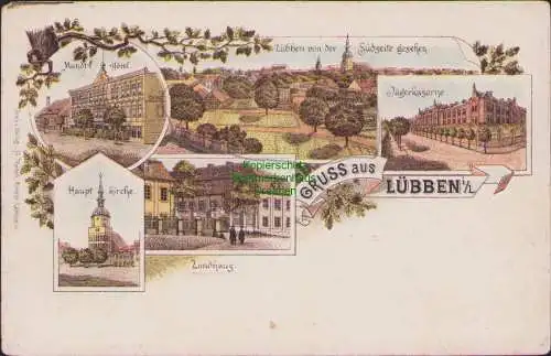 171006 AK Lübben Spreewald Mundts Hotel Hauptkirche Landhaus Jägerkaserne 1897