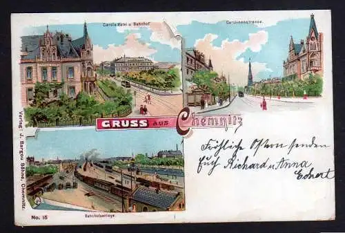 100399 Ansichtskarte Chemnitz Litho Carola Hotel Bahnhof Carolinenstrasse 1902