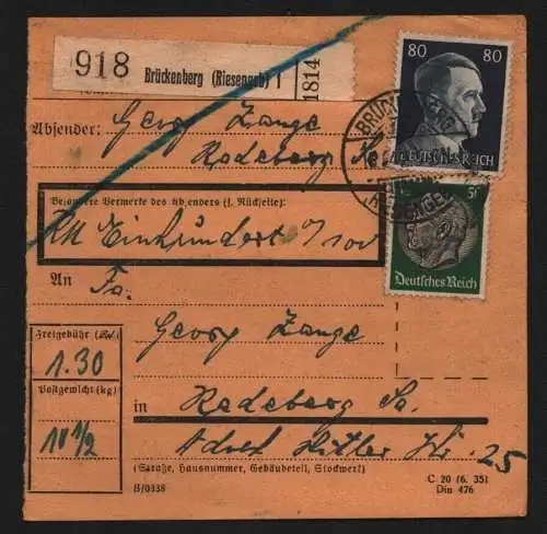 B13170 Paketkarte Deutsches Reich 1942 Brückenberg Riesengebirge nach Radeberg