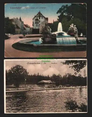 143773 2 AK Crimmitschau i. Sa. Stadtbad Wettinbrunnen Lutherdenkmal 1928