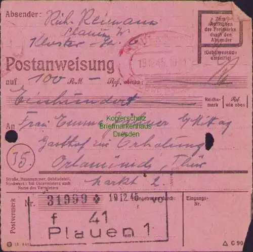 B16397 Gebühr bezahlt 1945 Postanweisung 41 Plauen 1f Nummerator 19.12.45 nach O