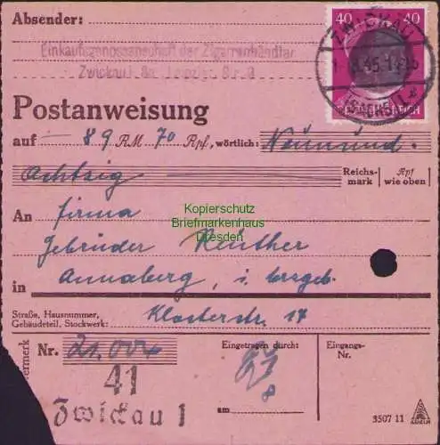 B16392 Sächsische Schwärzung  1945 Postanweisung 41 Zwickau 1.8.45 nach Annaberg