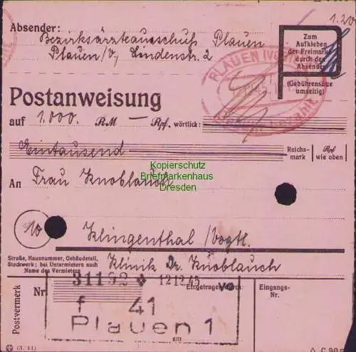 B16391 Gebühr bezahlt 1945 Postanweisung 41 Plauen 1f Nummerator 12.12.45 nach K