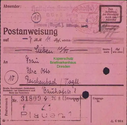 B16383 Gebühr bezahlt 1945 Postanweisung 41 Plauen 1f Nummerator 26.9.45 nach Re