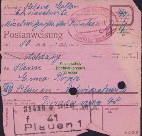 B16381 Gebühr bezahlt 1945 Postanweisung 41 Plauen 1f Nummerator 14.12.45 Innerh