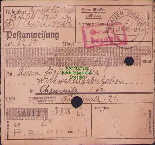 B16368 Gebühr bezahlt 1945 Postanweisung 41 Plauen 4e Nummerator 19.10.45 nach C