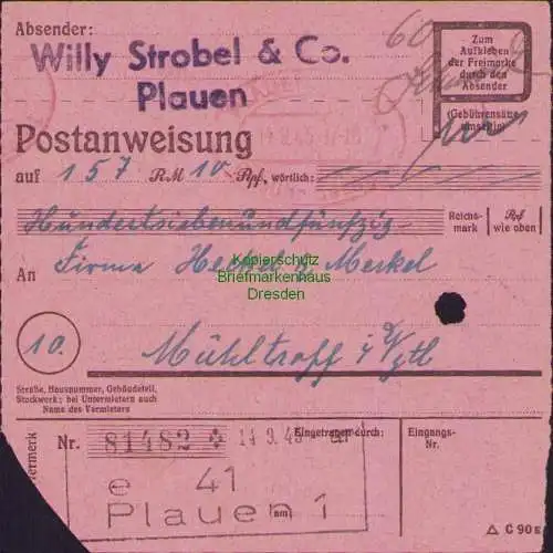 B16364 Gebühr bezahlt 1945 Postanweisung 41 Plauen 1e Nummerator 14.9.45 nach Mü