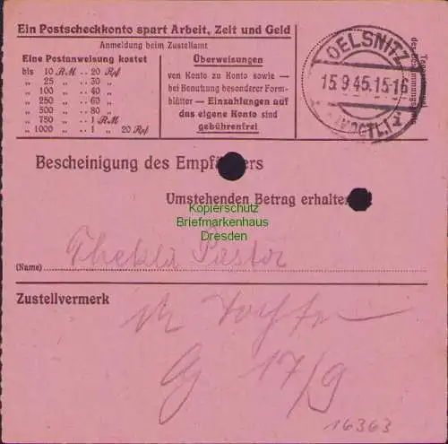 B16363 Gebühr bezahlt 1945 Postanweisung 41 Plauen 1e Nummerator 14.9.45 nach Oe