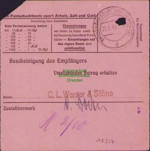 B16357 Gebühr bezahlt 1945 Postanweisung 41 Plauen 1 25.9.45 nach Großröhrsdorf