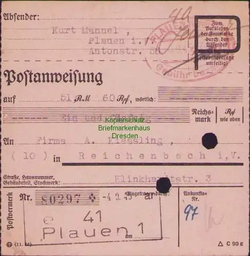 B16349 Gebühr bezahlt 1945 Postanweisung 41 Plauen 1e Nummerator 4.9.45 nach Rei