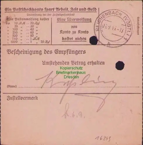 B16349 Gebühr bezahlt 1945 Postanweisung 41 Plauen 1e Nummerator 4.9.45 nach Rei