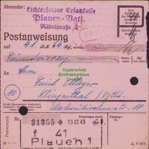 B16338 Gebühr bezahlt 1945 Postanweisung 41 Plauen 1f Nummerator 13.12.45 nach K