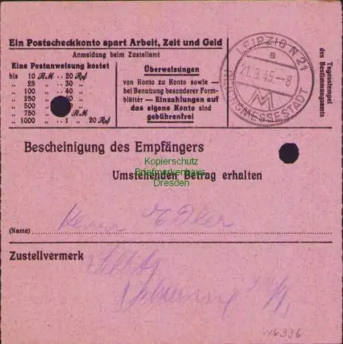 B16336 Gebühr bezahlt 1945 Postanweisung 27 Dahlen 19.9.45 nach Lipzig