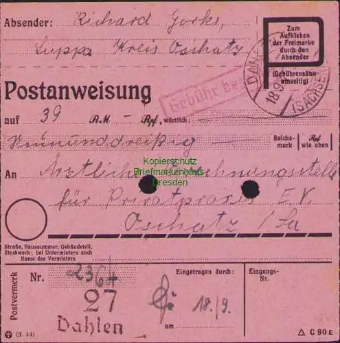 B16330 Gebühr bezahlt 1945 Postanweisung 27 Dahlen 18.9.45 nach Oschatz