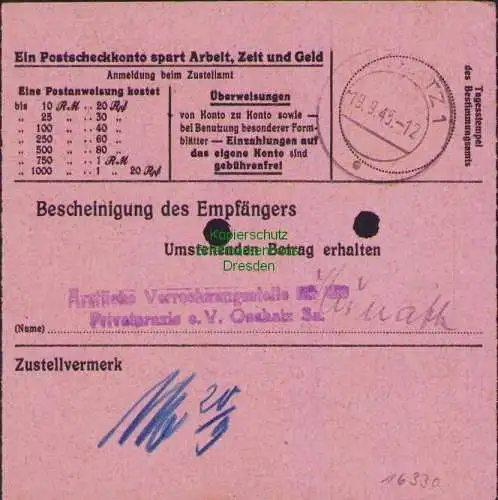 B16330 Gebühr bezahlt 1945 Postanweisung 27 Dahlen 18.9.45 nach Oschatz