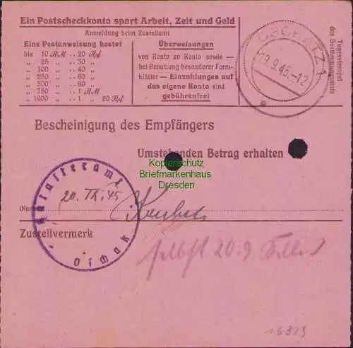 B16329 Gebühr bezahlt 1945 Postanweisung 27 Dahlen 13.9.45 nach Oschatz