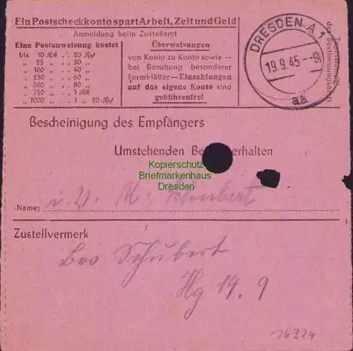 B16324  Gebühr bezahlt 1945 Postanweisung 27 Dahlen 17.9.45 nach Dresden A 1