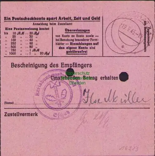 B16323  Gebühr bezahlt 1945 Postanweisung 27 Dahlen 18.9.45 nach Oschatz