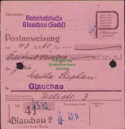 B16321  Gebühr bezahlt 1945 Postanweisung 41 Glauchau 2 20.11.45 innerhalb Glauc