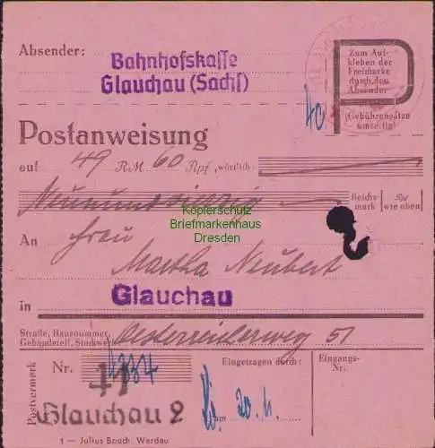 B16319  Gebühr bezahlt 1945 Postanweisung 41 Glauchau 2 20.11.45 innerhalb Glauc