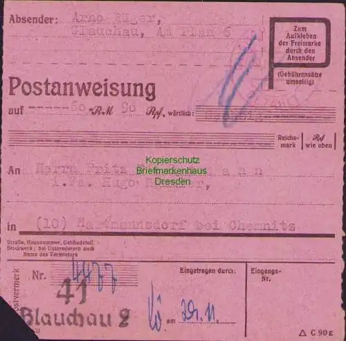 B16318  Gebühr bezahlt 1945 Postanweisung 41 Glauchau 2 29.11.45 nach Hartmannsd