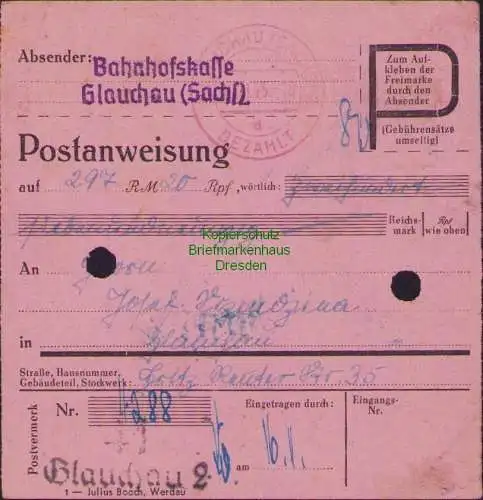 B16316  Gebühr bezahlt 1945 Postanweisung 41 Glauchau 2 16.11.45 innerhalb Glauc